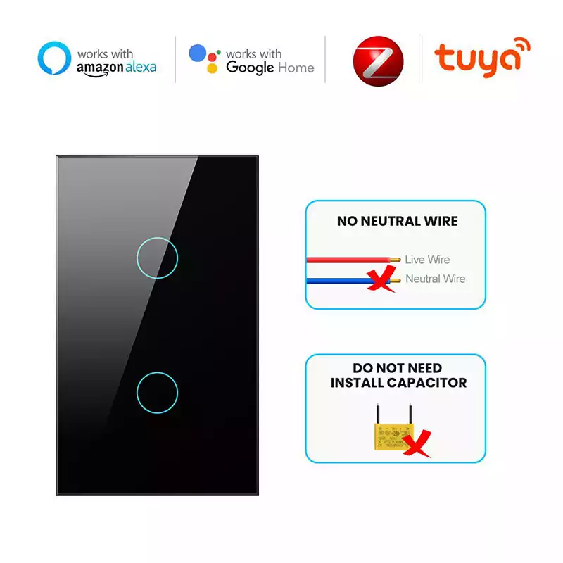 Tuya Zigbee US 1/2/3 Gang Smart Light Touch Switch No Neutral Wire Single Fire Wall Switch