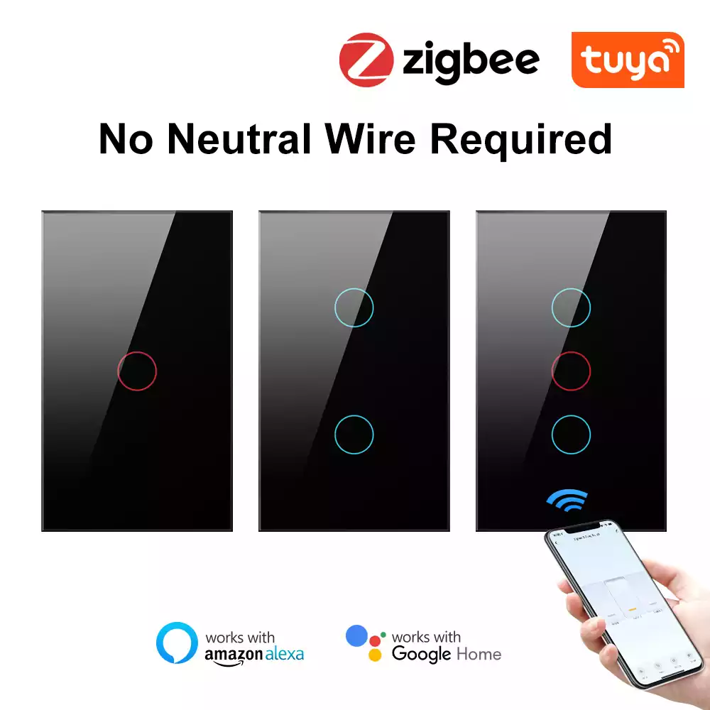 Tuya Zigbee US 1/2/3 Gang Smart Light Touch Switch No Neutral Wire Single Fire Wall Switch