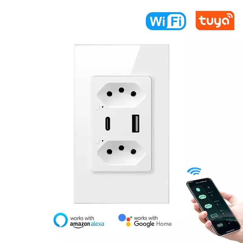16A Brazil Plug Tuya WiFi Wall Switch With Socket with 1*USB /1*Type-C Port