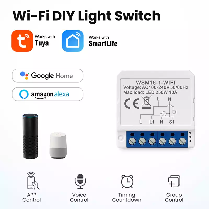 10A 1/2/3/4 Gang Tuya WiFi DIY Switch Module with 2 Way Control