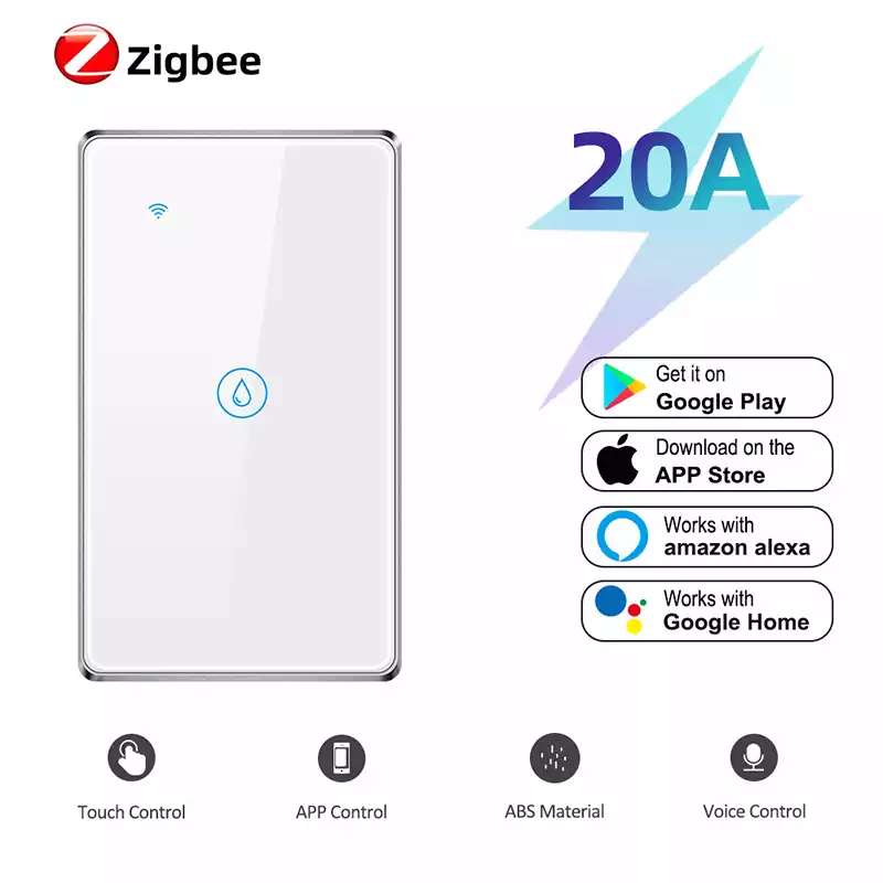 Tuya Zigbee 20A US Metal Frame Smart Touch Wall Switch Water Heater Switch