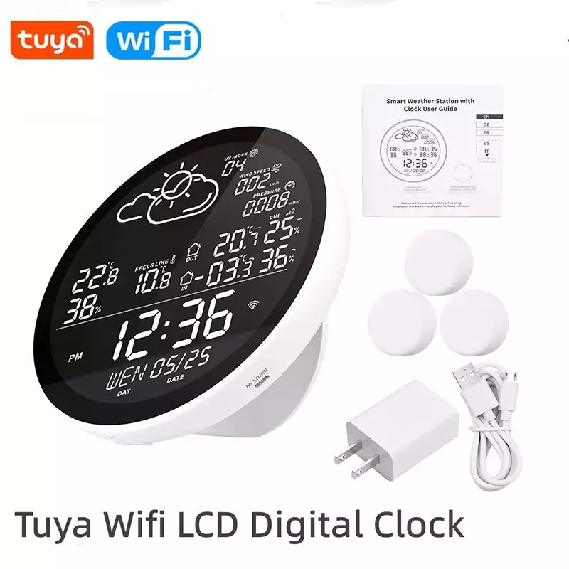 Tuya Wifi Smart Weather Station with Clock Indoor and Outdoor Temperature & Humidity Meter