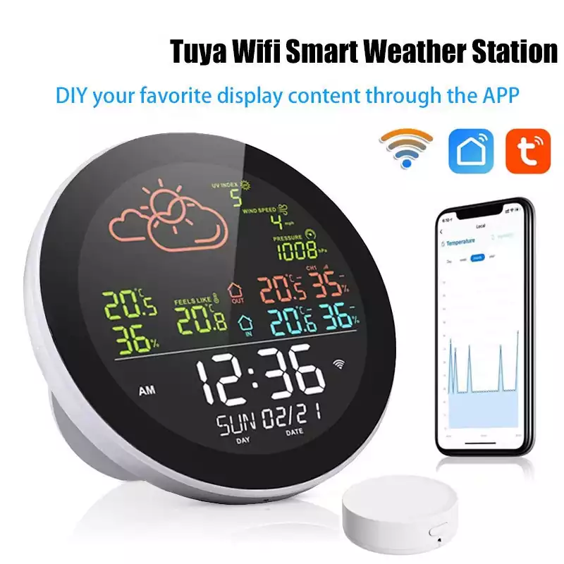 Tuya Wifi Weather Station Color Digital Display Clock Digital Temperature Humidity Tester Station