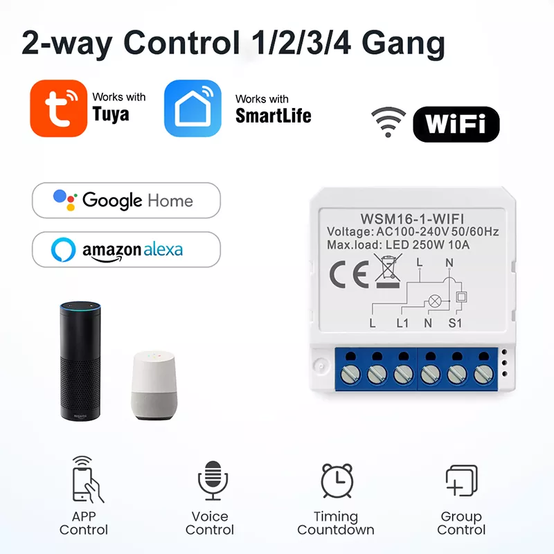 1/2/3/4 Gang Tuya Smart WiFi Light Switch 2-way Control Switch Mini Smart Circuit Breaker