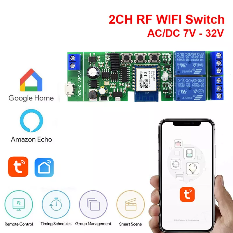 WiFi + RF433 2CH Tuya DIY Smart Inching/Self-Locking Switch Relay Module