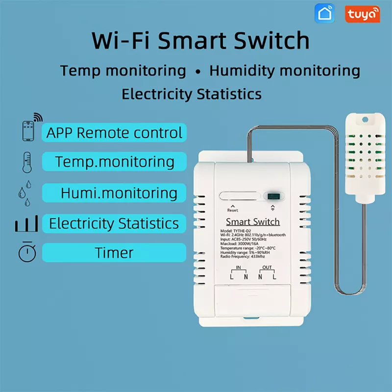16A Tuya Smart WiFi Home Temperature And Humidity Sensor Switch