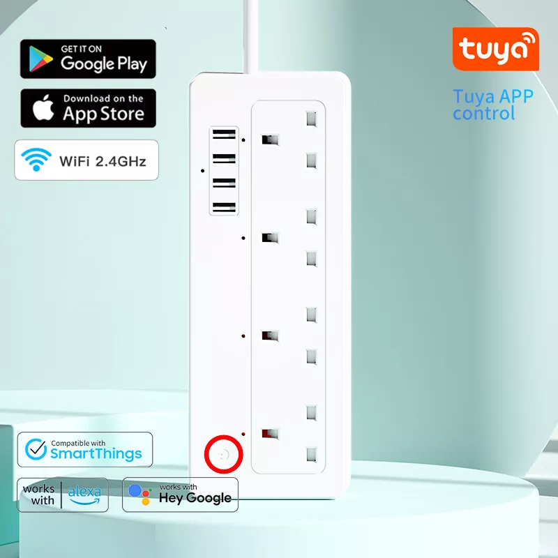 UK Standard Tuya Wifi Smart Power Strip Surge Protector 100-240V 4 Outlet Plug + 4 USB Charging Ports