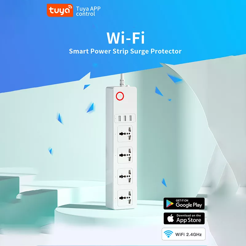 UK Plug Multi-purpose Tuya Wifi Smart Power Strip Surge Protector 110-240V 10A 4 Outlet Plug + 3 USB Charging Ports