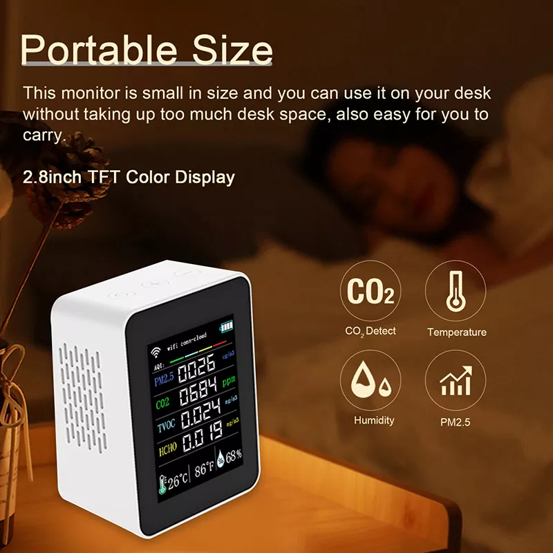 Tuya 7in1 Wifi Portable Air Quality Meter PM2.5 CO2 TVOC HCHO AQI Temperature Humidity Tester