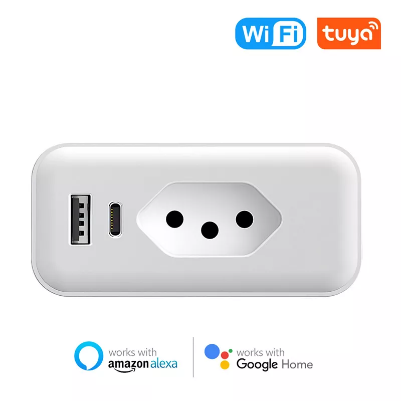 Tuya 16A/20A Brazil Standard WiFi Smart Plug With USB Type C Port Power Monitor App Remote Alexa Voice Control