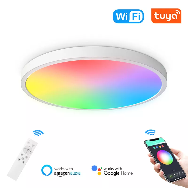 24W Tuya WiFi Smart Ceiling Lamp RGBCW Full Color Dimming APP Bluetooth Remote Voice Control Bedroom Round Mount Ceiling Light