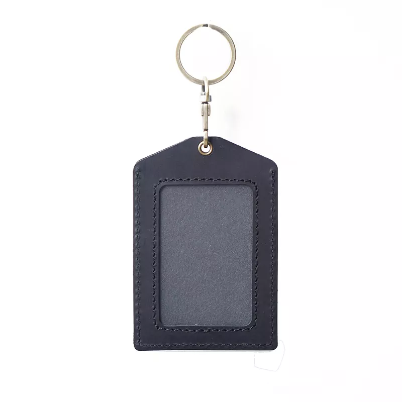 Vertical Style Cowhide Leather ID Card Badge Holder with Key Ring Keychain Staff Work Card Holder Cover Employee’s Card Case Pouch MK-1923032554-01